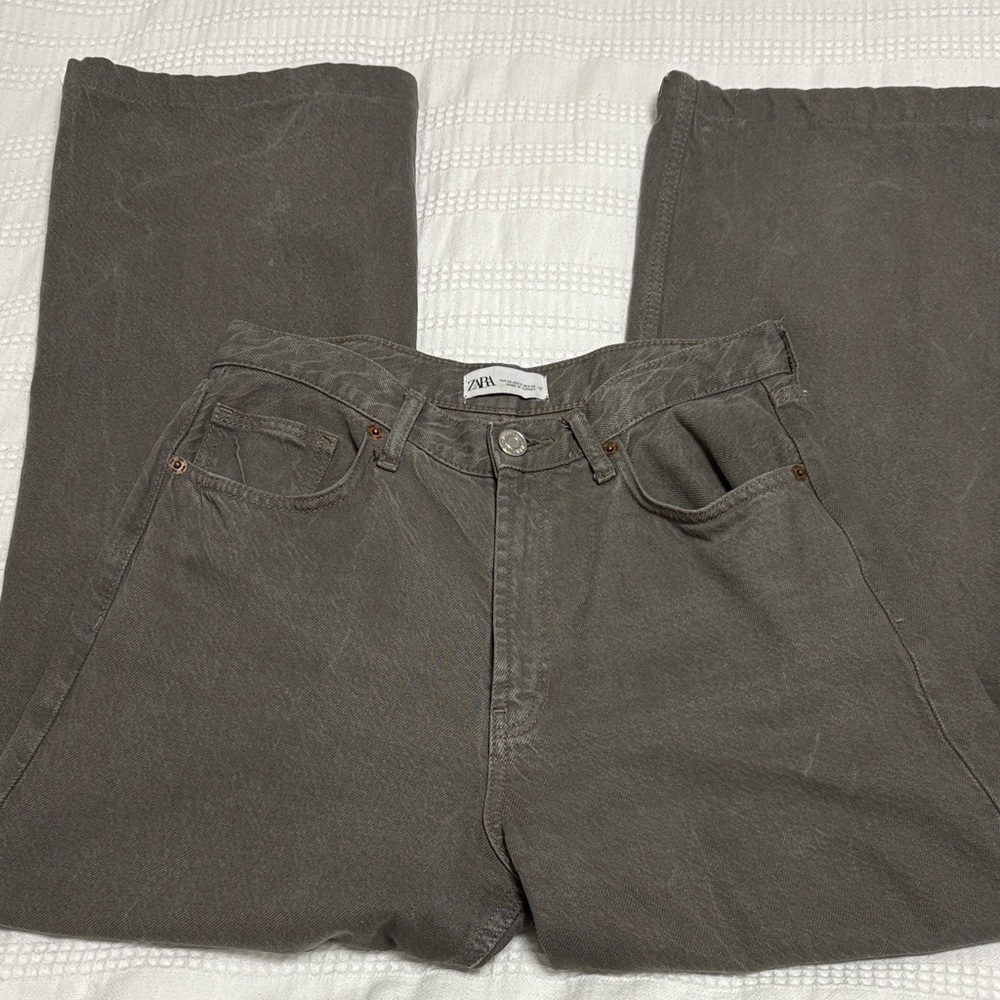 Zara Charcoal/Khaki Denim Trousers (Straight leg, high waisted).